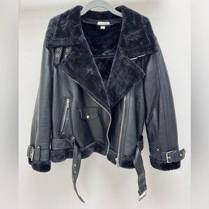 Topshop Oversized Black Leather Jacket- Aviator Biker Jacket with Faux Fur